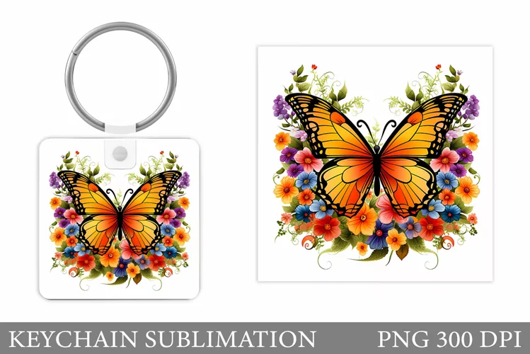 Butterfly Keychain Design. Flowers Keychain Sublimation