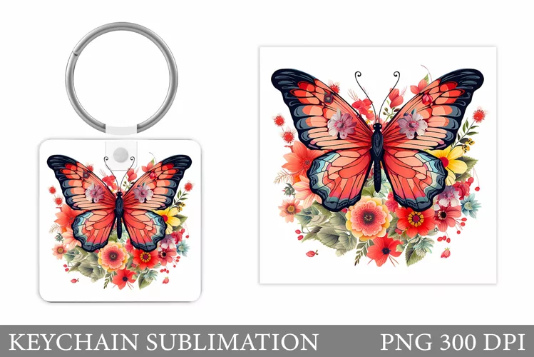 Butterfly Keychain Design. Flowers Keychain Sublimation