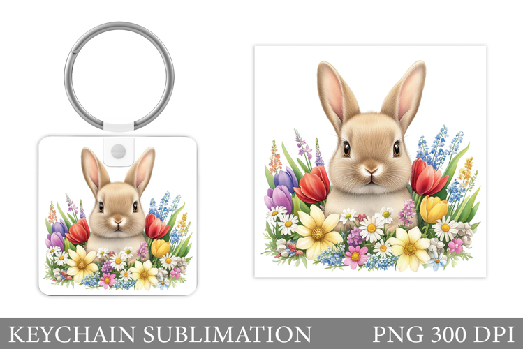 Cute Bunny Keychain. Bunny Flowers Keychain Sublimation