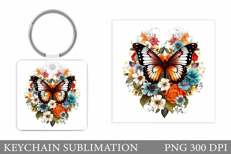 Butterfly Keychain Design. Flowers Keychain Sublimation