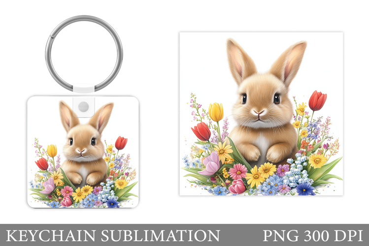Cute Bunny Keychain. Bunny Flowers Keychain Sublimation