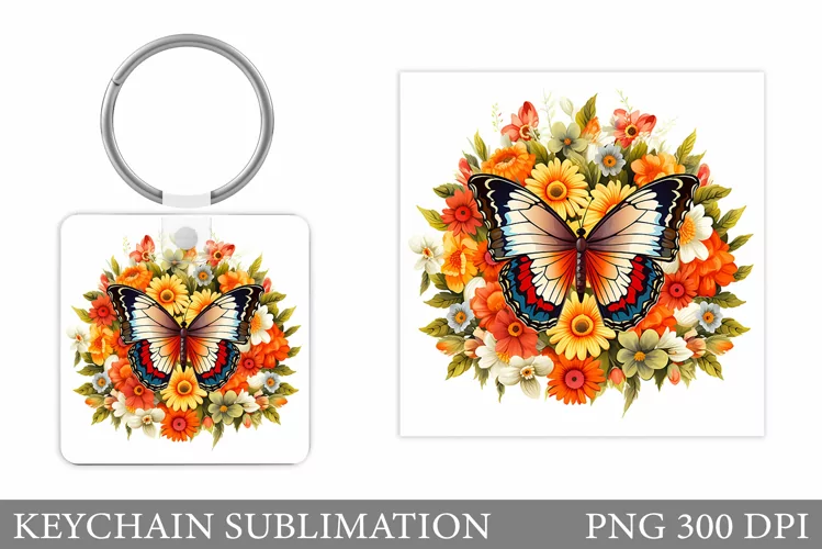 Butterfly Keychain Design. Flowers Keychain Sublimation