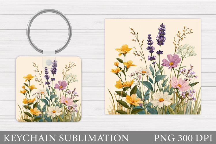 Flowers Square Keychain. Wildflowers Keychain Sublimation