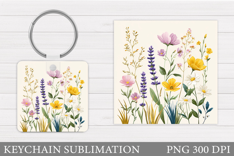 Flowers Square Keychain. Wildflowers Keychain Sublimation