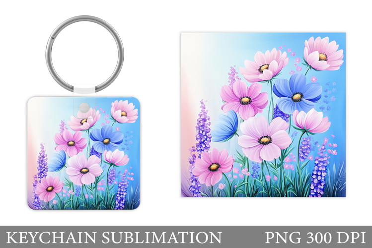 Flowers Square Keychain. Wildflowers Keychain Sublimation
