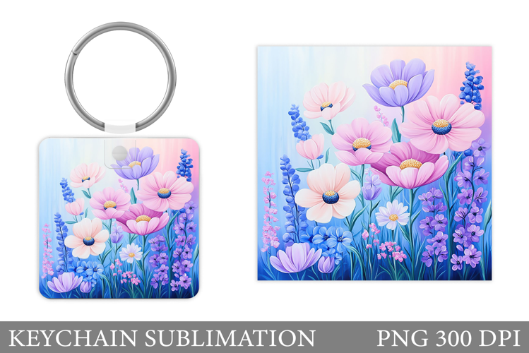 Flowers Square Keychain. Wildflowers Keychain Sublimation