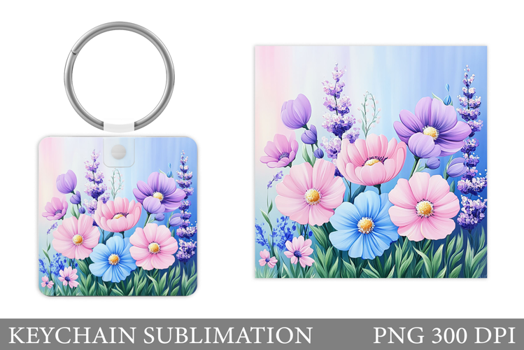 Flowers Square Keychain. Wildflowers Keychain Sublimation