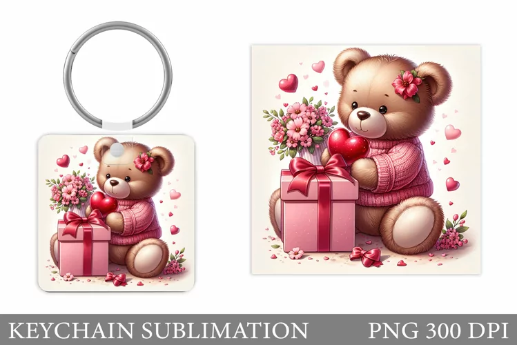 Valentines Bear Keychain. Valentines Keychain Sublimation