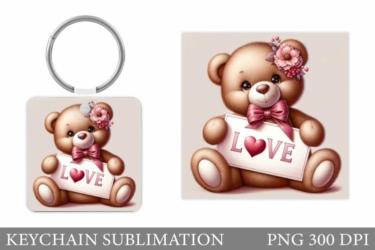 Valentines Bear Keychain. Cute Bear Keychain Sublimation