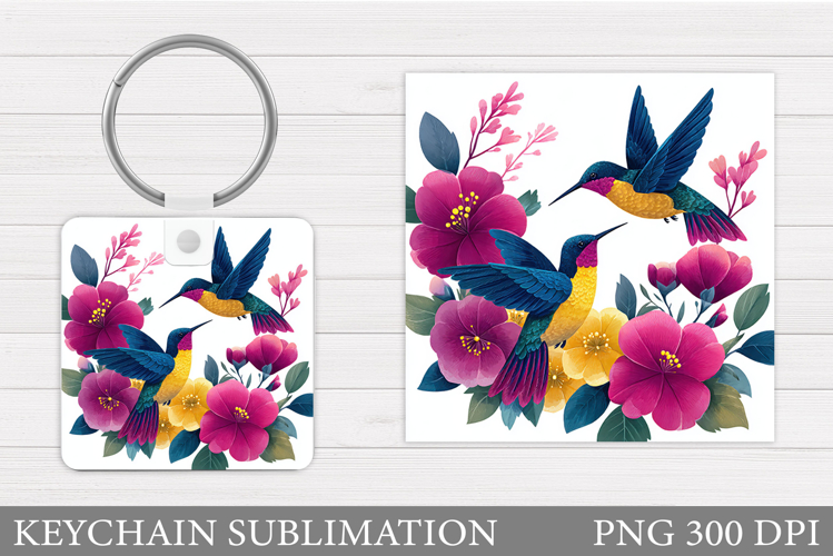 Hummingbird Keychain Design. Bird Summer Square Keychain