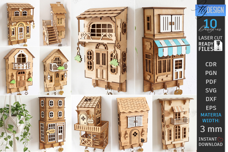 Miniature House Key Holders Laser Cut Bundle | 3D Wall Decor