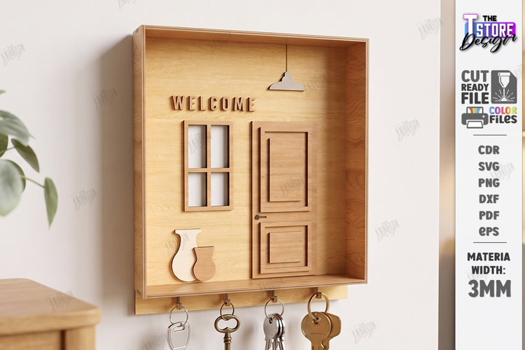 Keyholder Welcome Miniature Laser Cut | Wall Key Hanger SVG