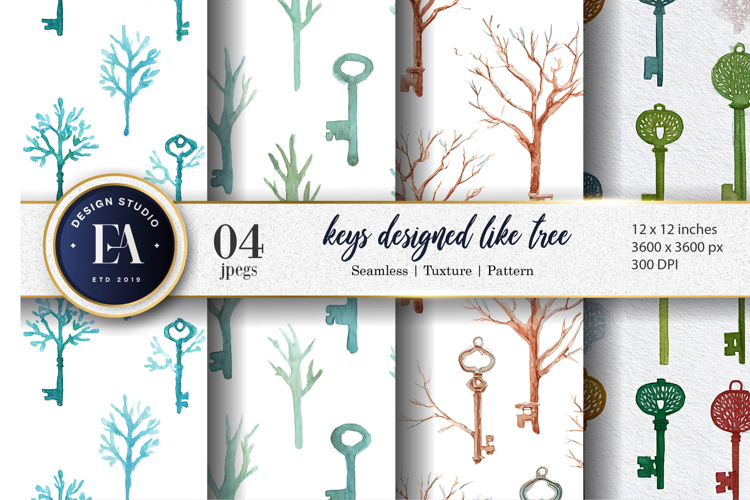 Keys Designed Like Tree Branches Watercolor Digital Paper