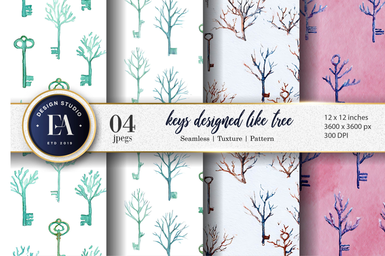 Tree Branch Keys Watercolor Seamless Digital Paper