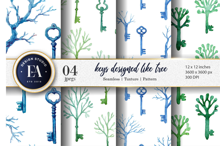Keys Designed as Branches Watercolor Craft Digital Paper