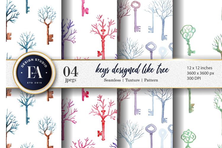 Keys Designed as Branches Watercolor Craft Digital Paper