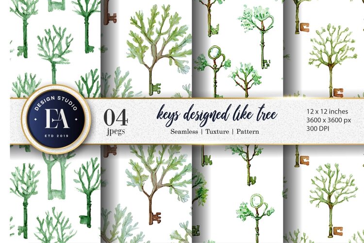 Tree Branch Keys Watercolor Seamless Digital Paper example image 1