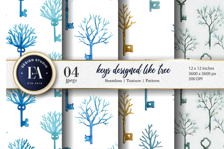 Hand-Painted Tree Keys Seamless Watercolor Digital Paper