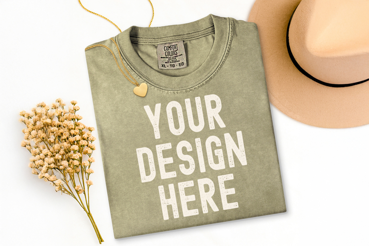Comfort Colors C1717 Khaki Shirt Mockup, Flat Lay Mockup