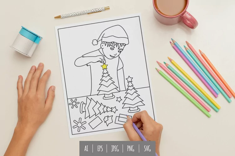 Boy Decorating Christmas Tree Coloring Page