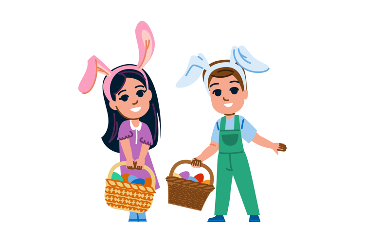 basket kid easter eggs vector