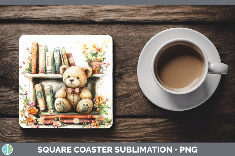 Kids 01 Bookshelf Teddy Bear Square Coaster Sublimation Coas