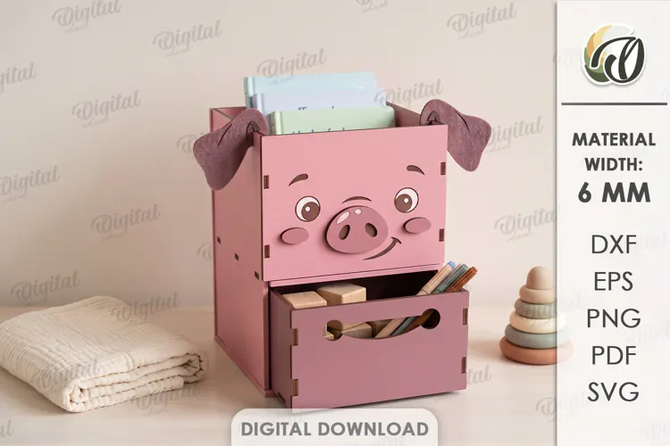 Kids Pig Desk Organizer with Drawer Laser Cut. Kids SVG