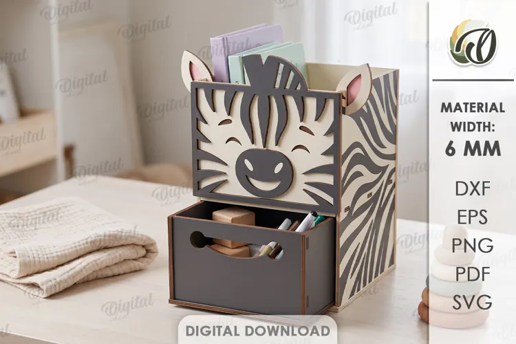 Kids Zebra Desk Organizer with Drawer Laser Cut. Kids SVG