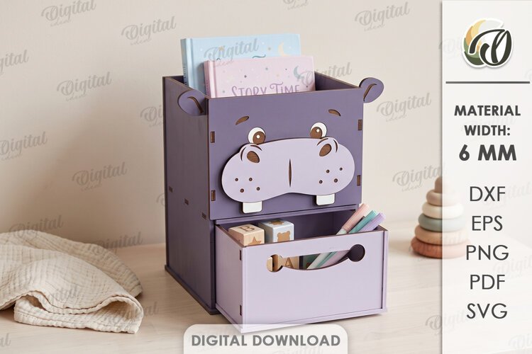 Kids Hippo Desk Organizer with Drawer Laser Cut. Kids SVG example image 1