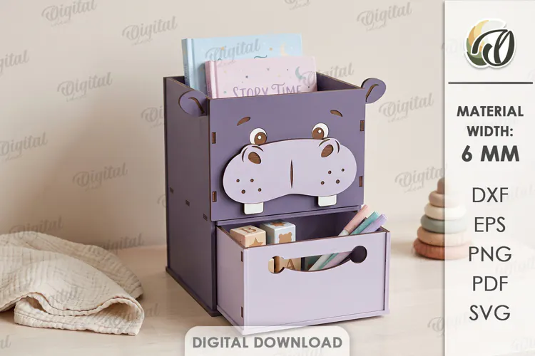 Kids Hippo Desk Organizer with Drawer Laser Cut. Kids SVG