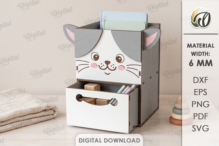 Kids Cat Desk Organizer with Drawer Laser Cut. Kids SVG example image 1