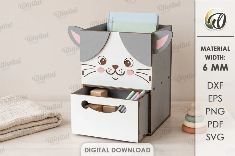 Kids Cat Desk Organizer with Drawer Laser Cut. Kids SVG