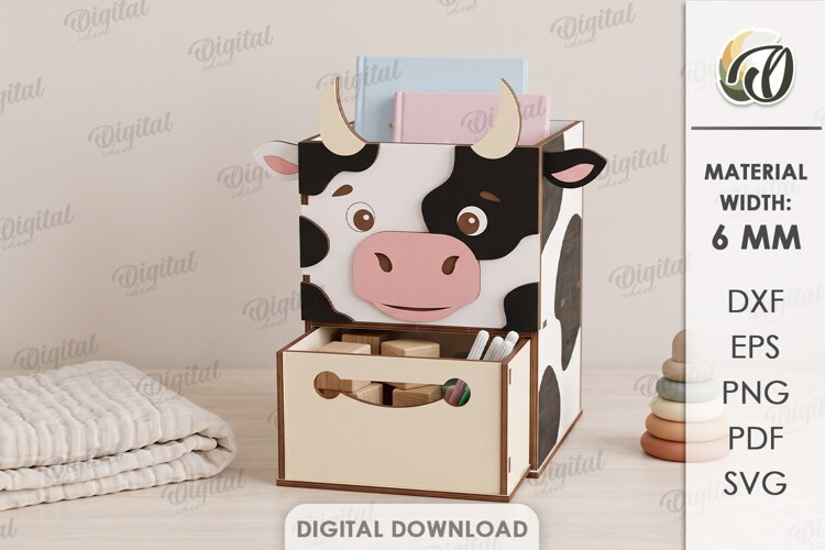 Kids Cow Desk Organizer with Drawer Laser Cut. Kids SVG example image 1