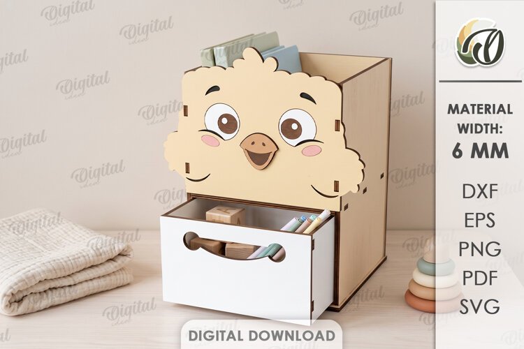 Kids Chick Desk Organizer with Drawer Laser Cut. Kids SVG example image 1