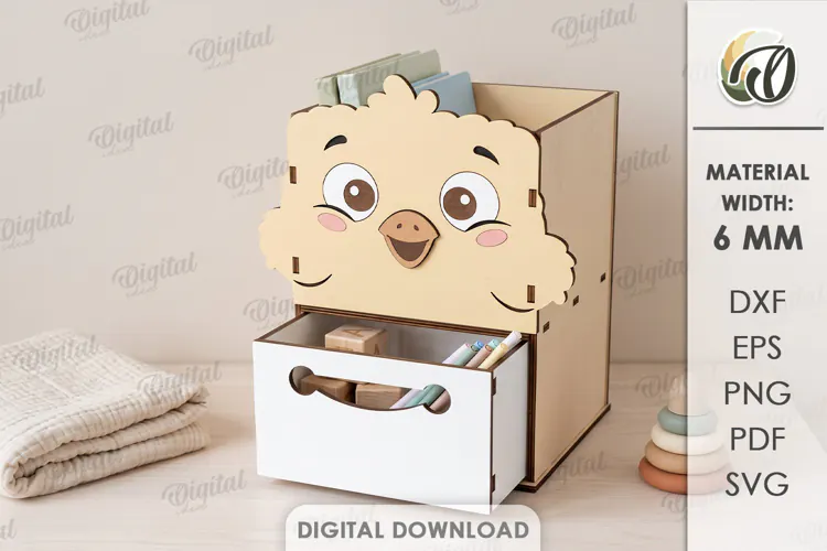 Kids Chick Desk Organizer with Drawer Laser Cut. Kids SVG