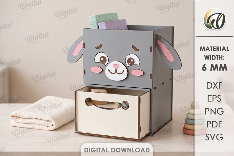 Kids Bunny Desk Organizer with Drawer Laser Cut. Kids SVG example image 1