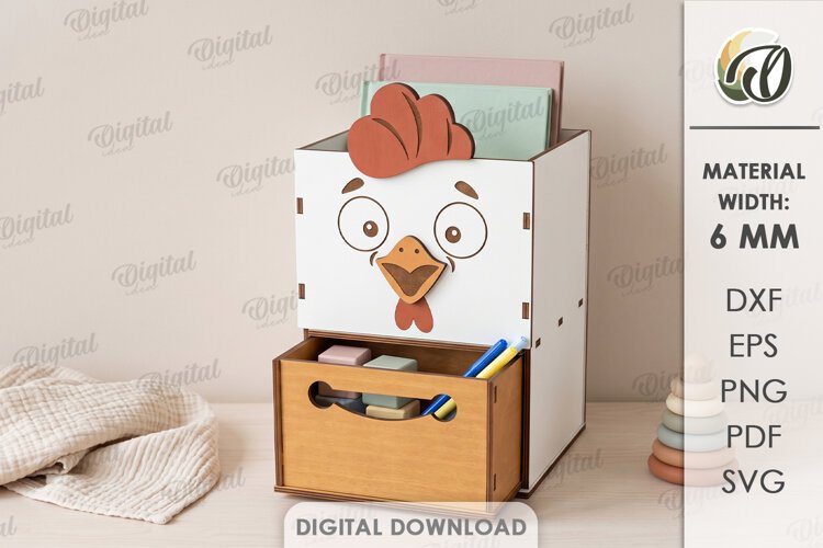 Kids Rooster Desk Organizer with Drawer Laser Cut. Kids SVG example image 1