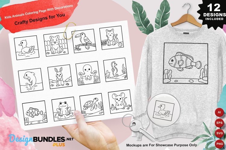Kids Animals Coloring Page With Decorations Clipart Set