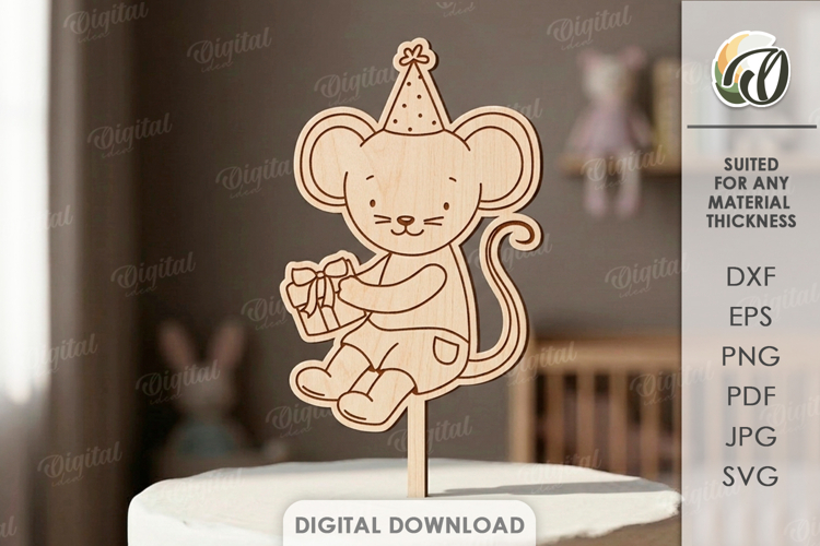 Kids Birthday Cake Topper Laser Cut. Cute Animal. Mouse SVG