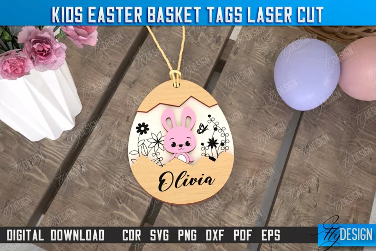 Kids Easter Basket Tag Laser Cut Design, Personalized Tag