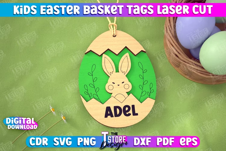 Personalized Kids Easter Egg Basket Tag Laser Cut SVG Design