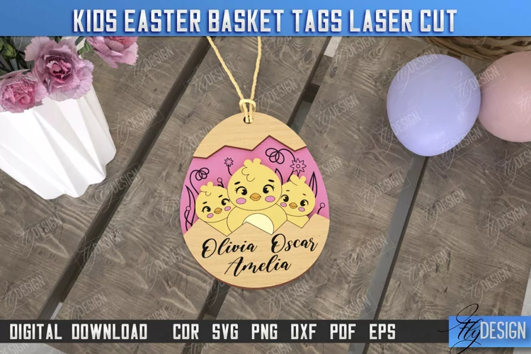 Kids Easter Basket Tag Laser Cut Design, Personalized Tag