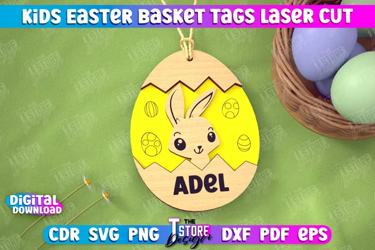 Personalized Kids Easter Egg Basket Tag Laser Cut SVG Design