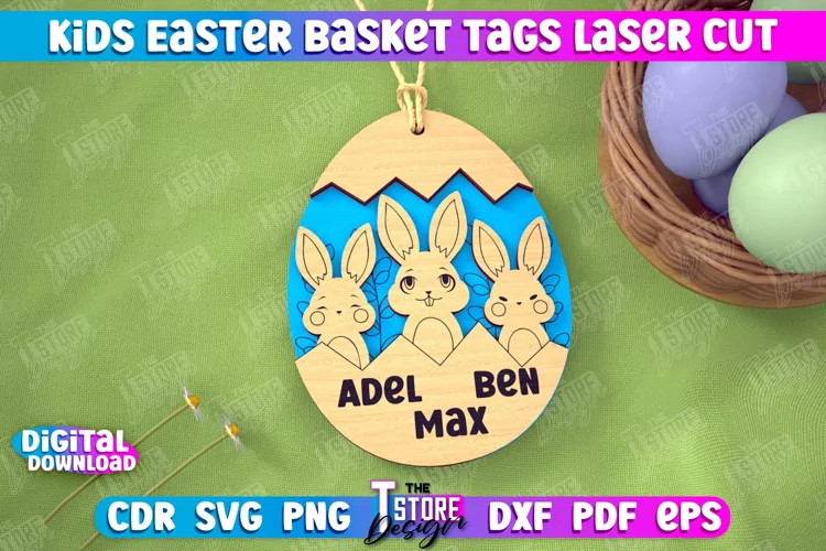 Personalized Kids Easter Egg Basket Tag Laser Cut SVG Design