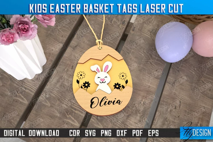 Kids Easter Basket Tag Laser Cut Design, Personalized Tag