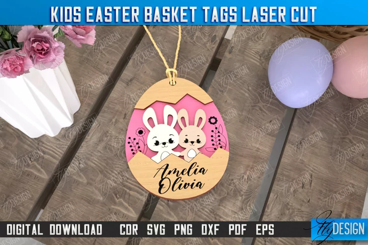 Kids Easter Basket Tag Laser Cut Design, Personalized Tag