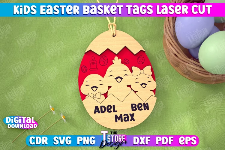 Personalized Kids Easter Egg Basket Tag Laser Cut SVG Design