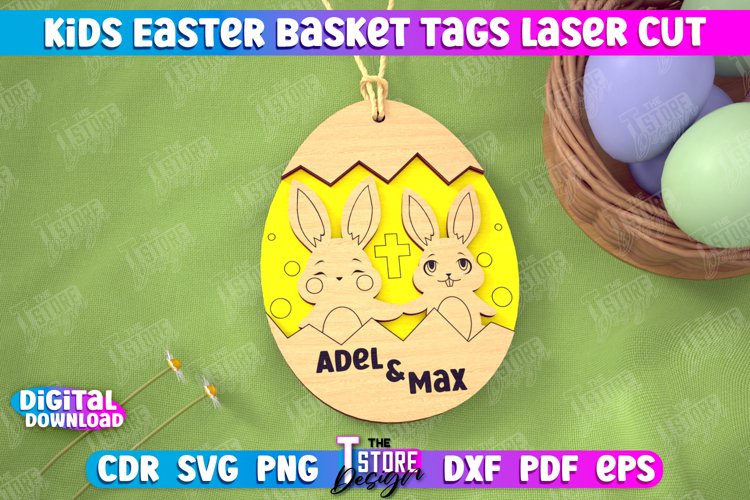 Personalized Kids Easter Egg Basket Tag Laser Cut SVG Design