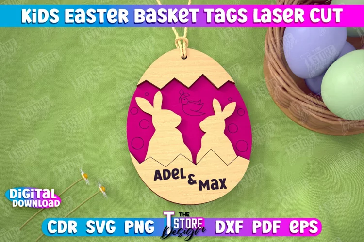 Personalized Kids Easter Egg Basket Tag Laser Cut SVG Design