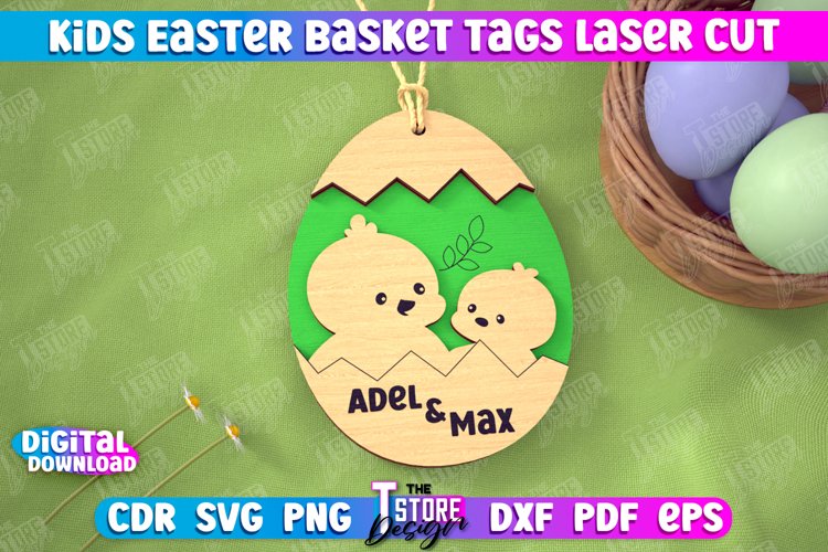 Personalized Kids Easter Egg Basket Tag Laser Cut SVG Design